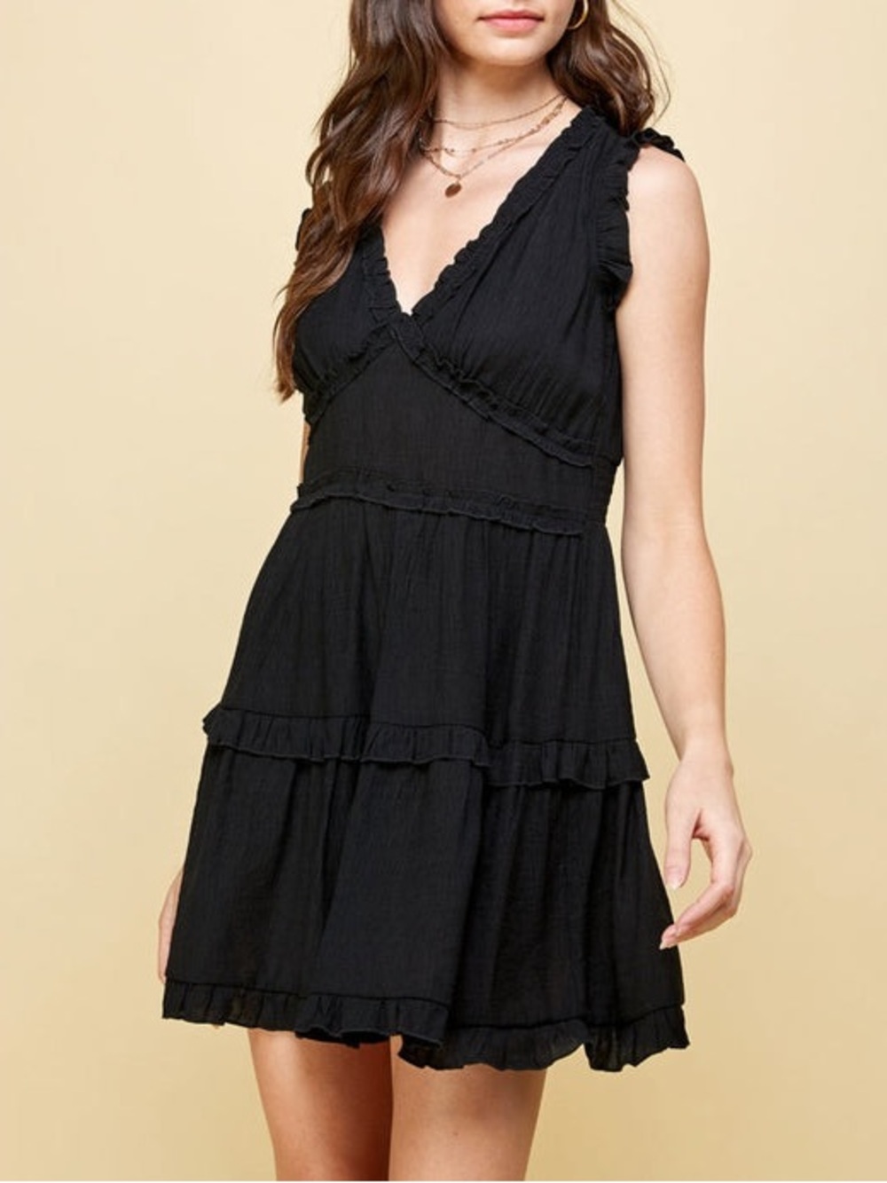 Pinch Black Ruffle Tiered V-Neck Mini Dress Size Medium